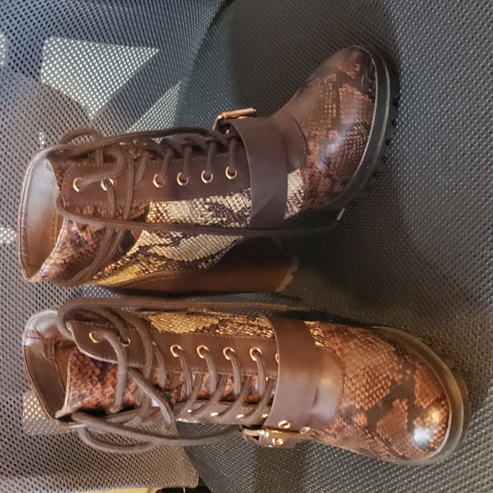 New brown and tan faux snake boots